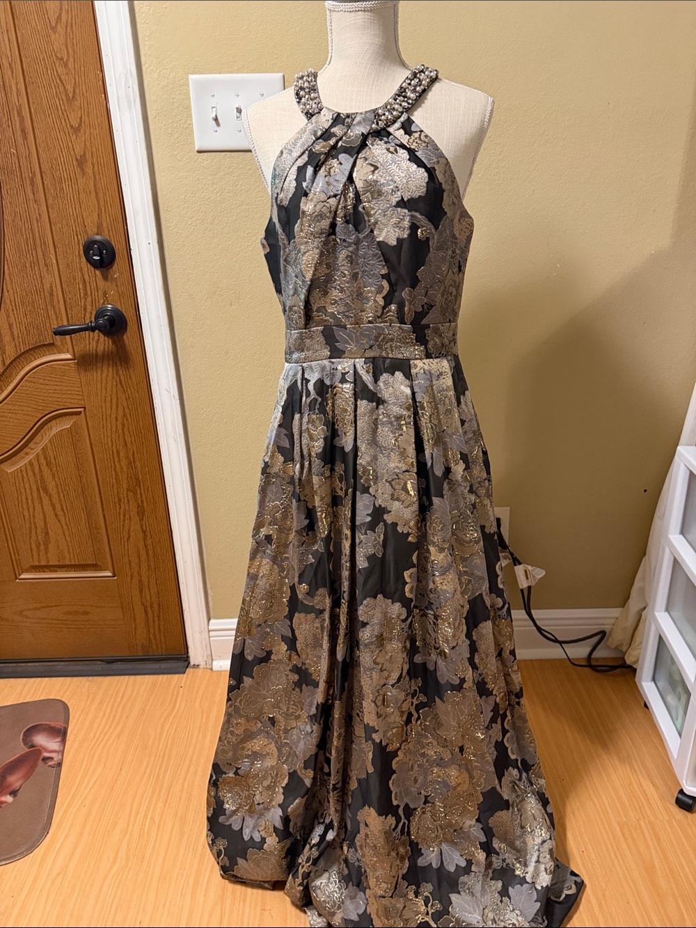 Eliza J Black and Gold Embroidered Halter Evening Gown